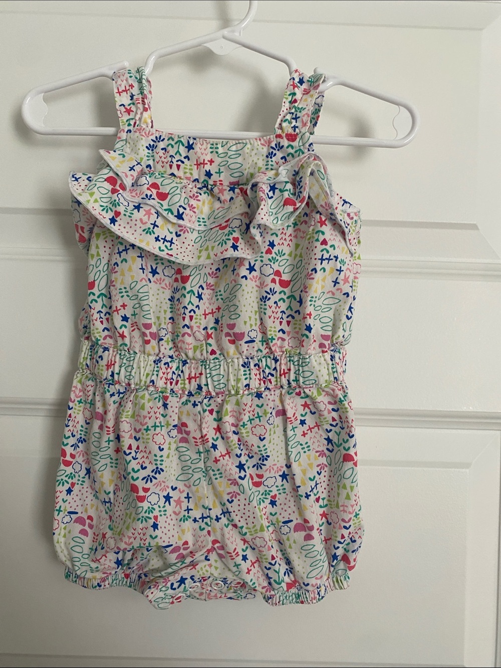 First Impressions White Multicolor Print Ruffle Romper